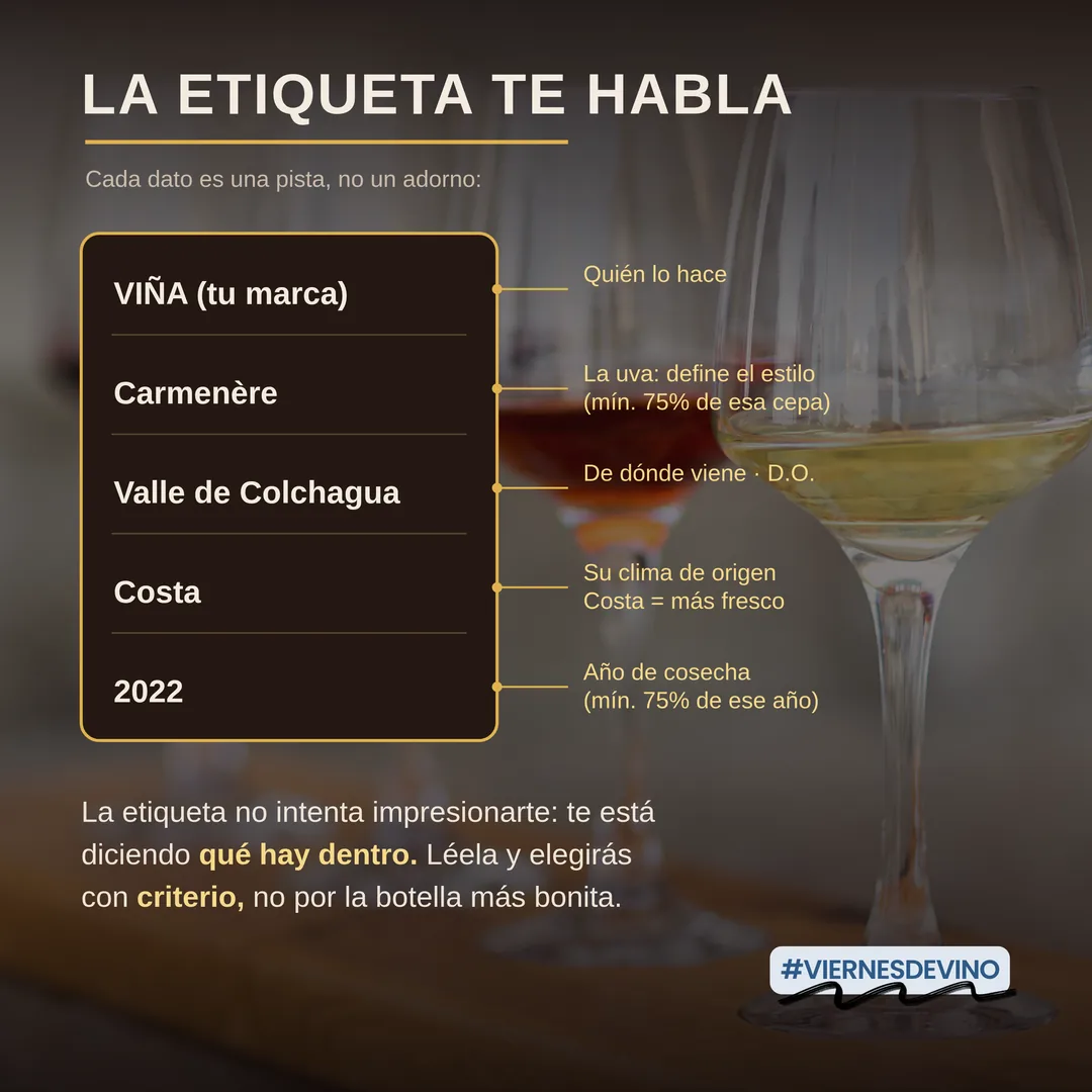 La etiqueta te habla: cada dato es una pista, no un adorno. La viña es quién lo hace. La cepa, en este ejemplo Carmenère, define el estilo y por ley es mínimo 75% de esa uva. El valle, aquí Colchagua, dice de dónde viene, la denominación de origen. La franja, aquí Costa, indica el clima de origen: costa es más fresco. Y el año es la cosecha, mínimo 75% de ese año.
