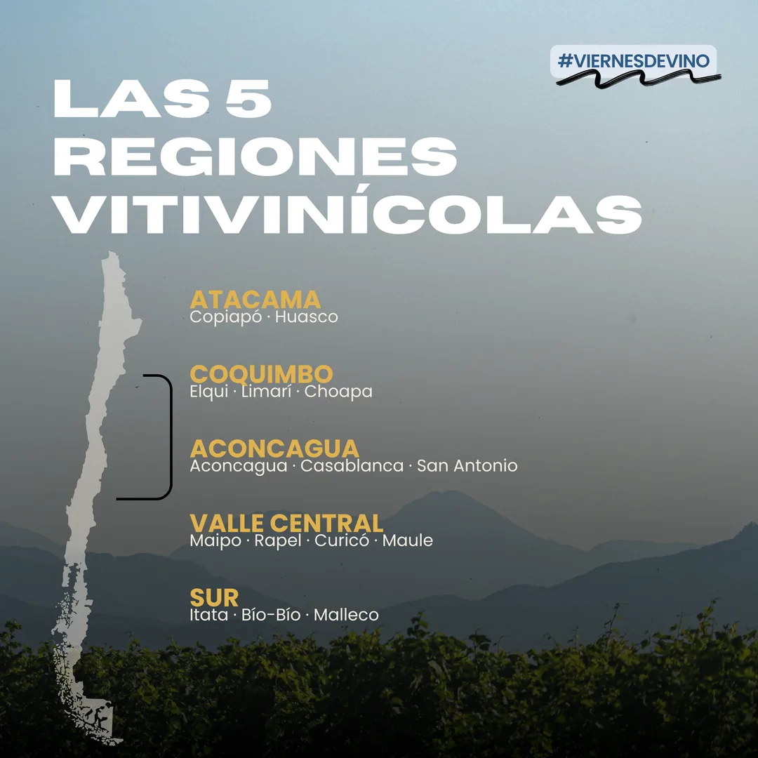 Las cinco regiones vitivinícolas de Chile, de norte a sur: Atacama, con Copiapó y Huasco; Coquimbo, con Elqui, Limarí y Choapa; Aconcagua, con Aconcagua, Casablanca y San Antonio; Valle Central, con Maipo, Rapel, Curicó y Maule; y Sur, con Itata, Bío-Bío y Malleco.