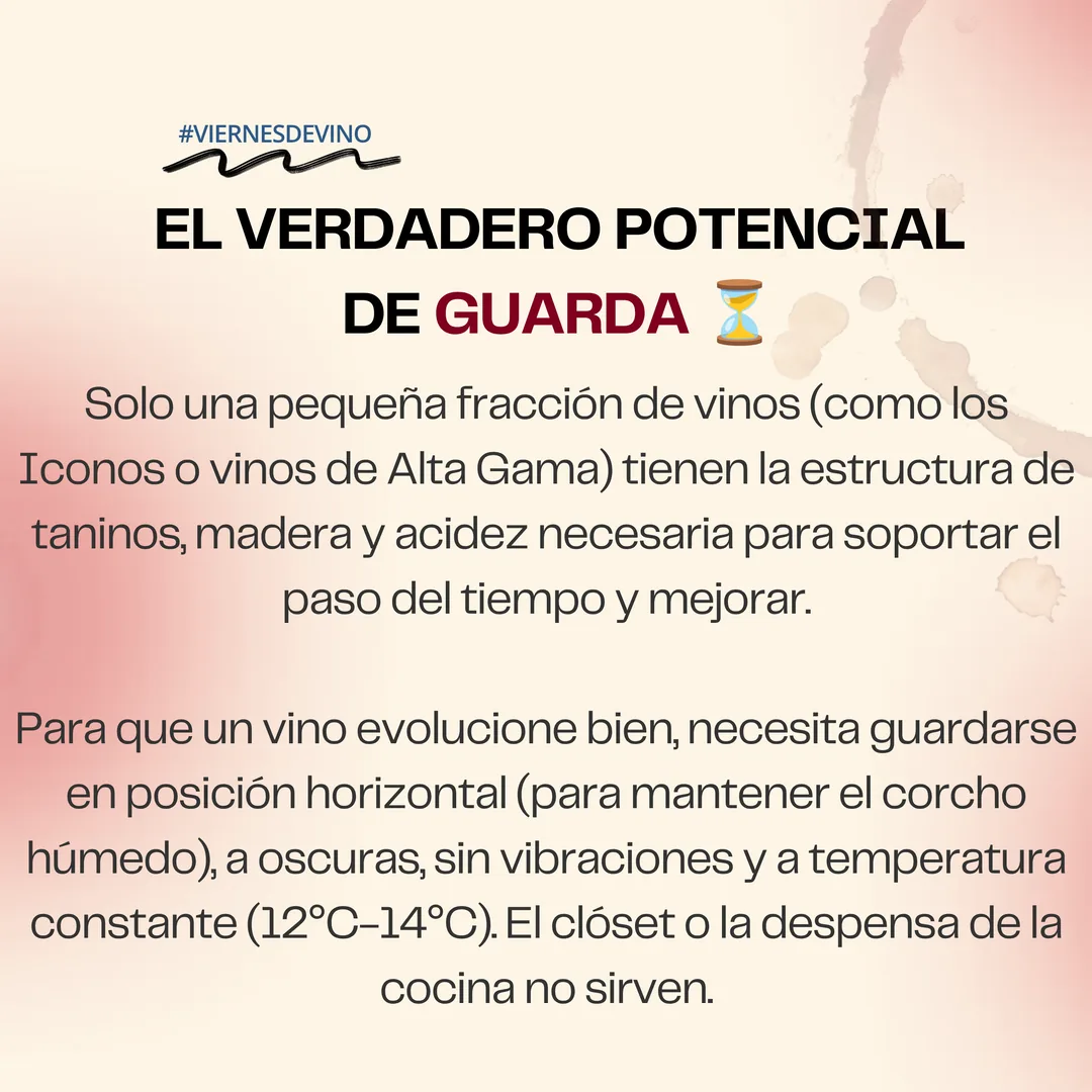 El verdadero potencial de guarda: solo una pequeña fracción de vinos, los íconos o de alta gama, tiene la estructura de taninos, madera y acidez necesaria para soportar el paso del tiempo. Para evolucionar bien necesitan posición horizontal, oscuridad, sin vibraciones y temperatura constante de 12 a 14 grados. El clóset o la despensa de la cocina no sirven.