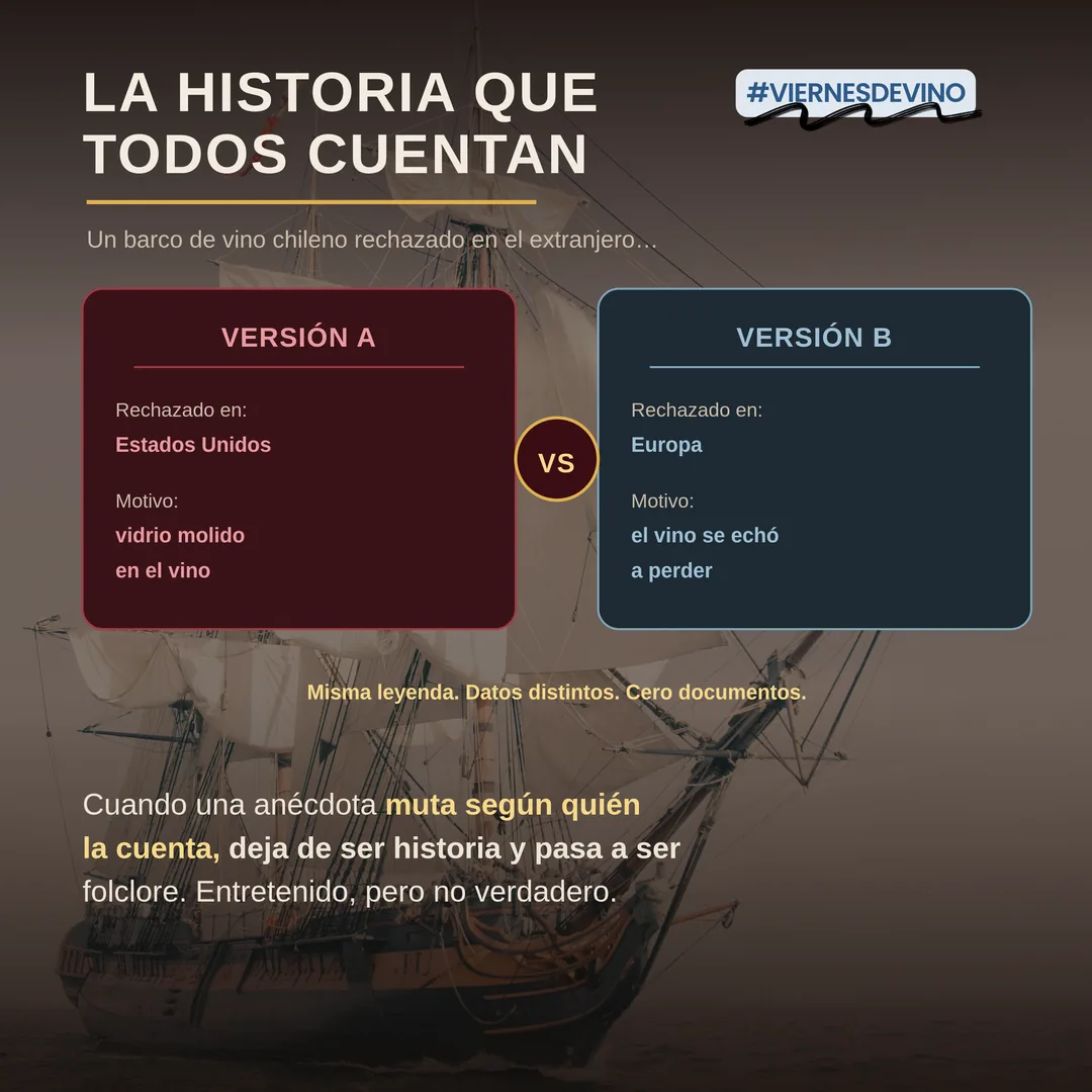 La historia que todos cuentan, en dos versiones incompatibles. Versión A: el barco fue rechazado en Estados Unidos, por vidrio molido en el vino. Versión B: fue rechazado en Europa, y el motivo es que el vino se echó a perder. Misma leyenda, datos distintos, cero documentos.