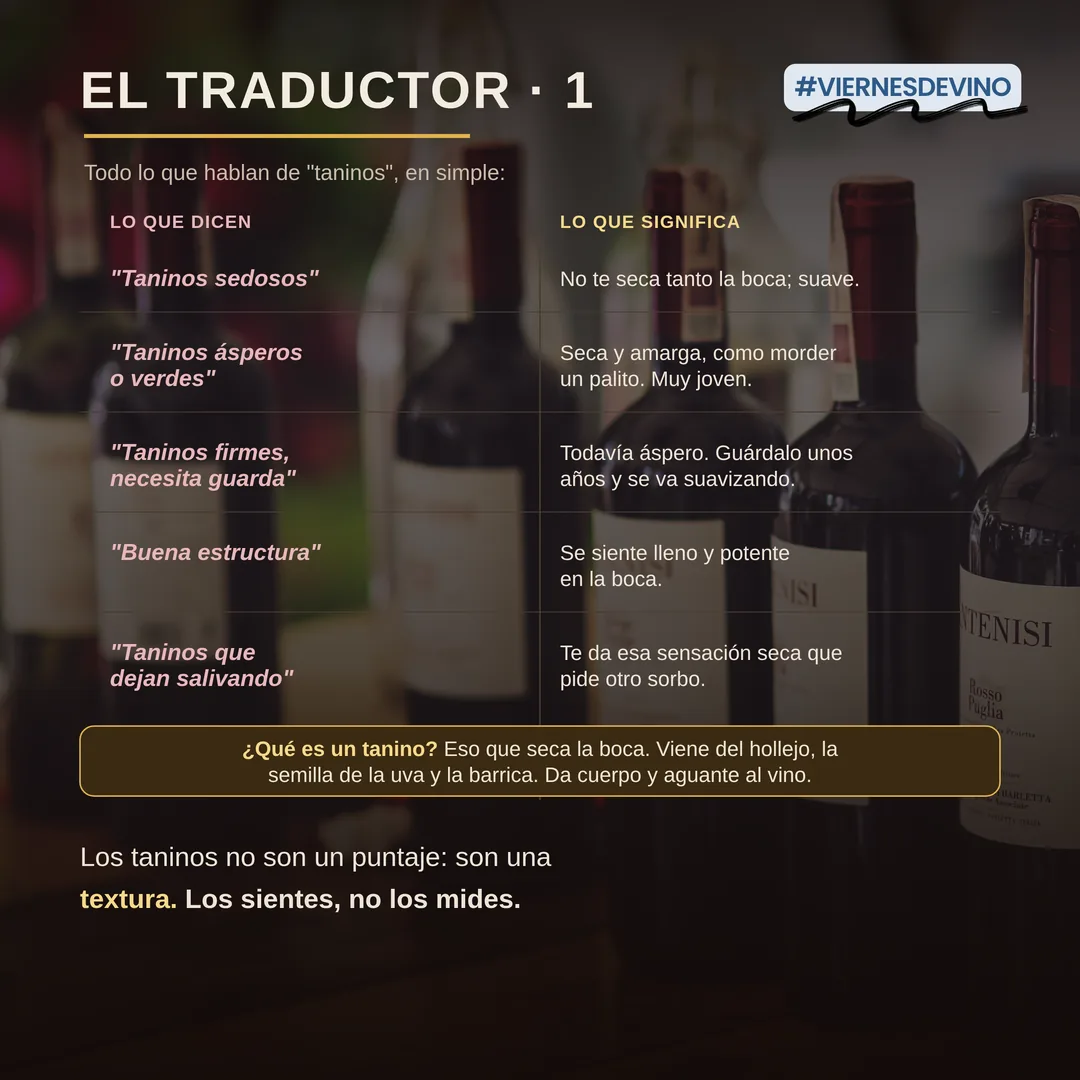 El traductor, parte 1: todo lo que hablan de taninos, en simple. “Taninos sedosos” significa que no te seca tanto la boca, es suave. “Taninos ásperos o verdes”: seca y amarga, como morder un palito, muy joven. “Taninos firmes, necesita guarda”: todavía áspero, guárdalo unos años y se suavizará. “Buena estructura”: se siente lleno y potente en la boca. “Taninos que dejan salivando”: te da esa sensación seca que te pide otro sorbo. Los taninos no son un puntaje: son una textura, se sienten, no se miden.