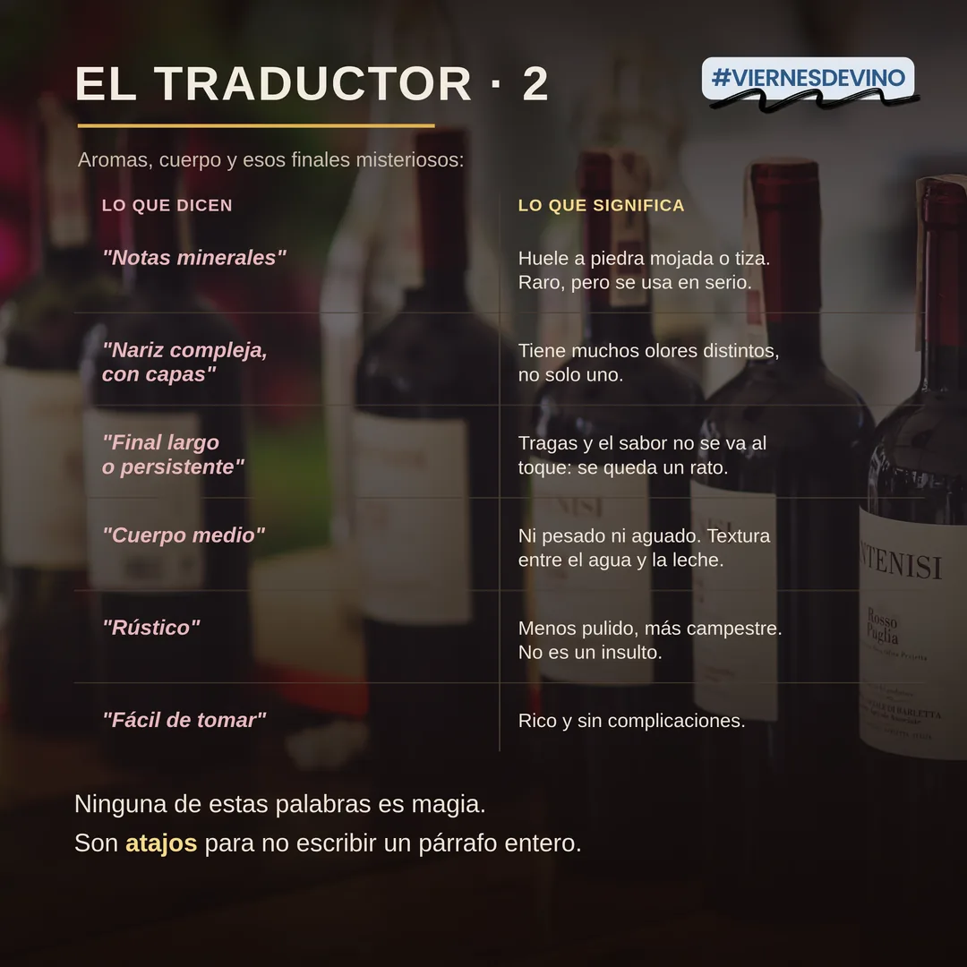 El traductor, parte 2: aromas, cuerpo y esos finales misteriosos. “Notas minerales”: huele a piedra mojada o tiza, raro pero se usa en serio. “Nariz compleja, con capas”: tiene muchos olores distintos, no solo uno. “Final largo o persistente”: tragas y el sabor no se va al toque. “Cuerpo medio”: ni pesado ni aguado. “Rústico”: menos pulido, más campestre, no es un insulto. “Fácil de tomar”: rico y sin complicaciones. Ninguna de estas palabras es magia: son atajos para no escribir el párrafo entero.