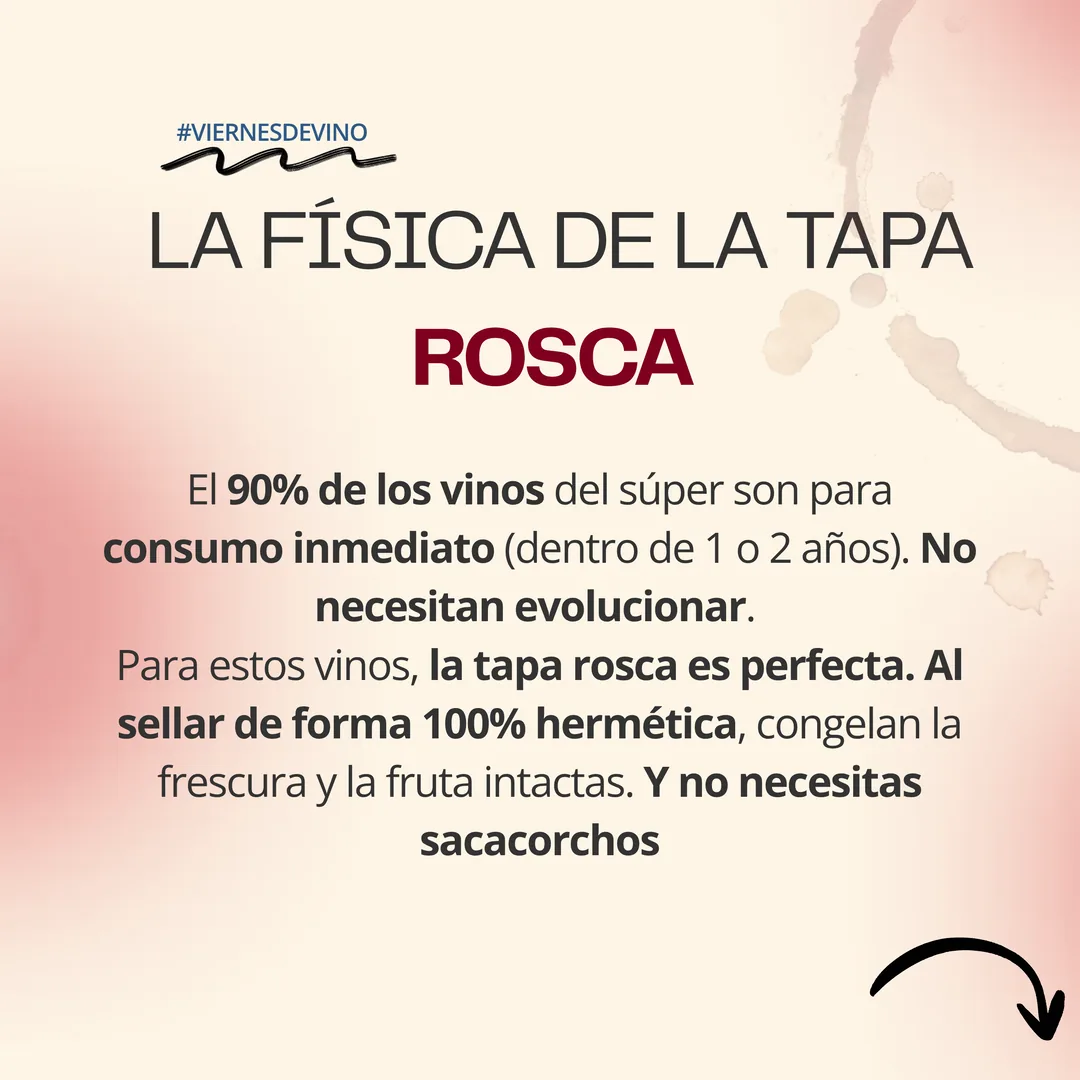 La física de la tapa rosca: el 90% de los vinos del supermercado son para consumo inmediato, dentro de 1 o 2 años, y no necesitan evolucionar. La tapa rosca sella de forma hermética y conserva la frescura y la fruta intactas.