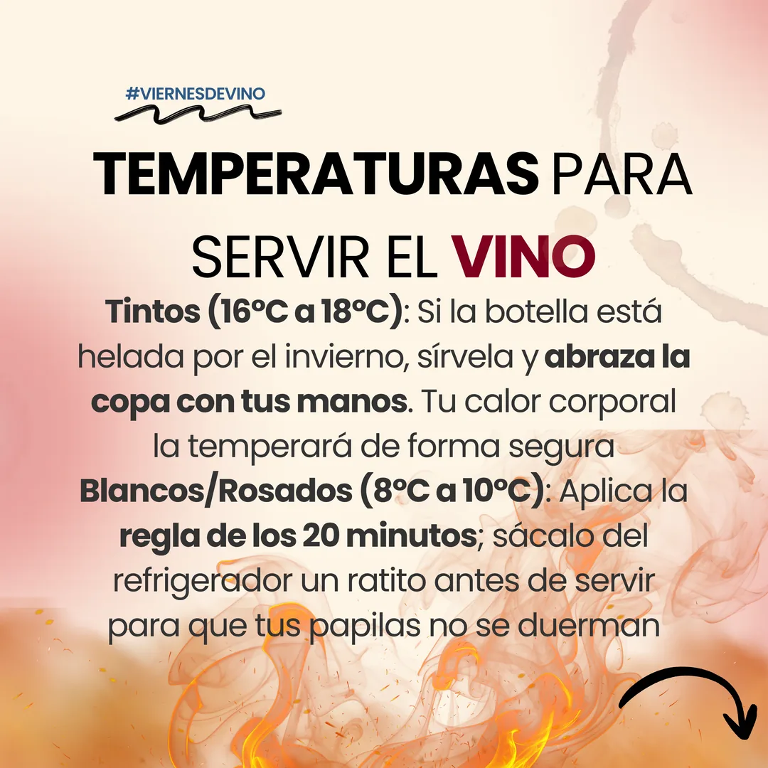 Temperaturas para servir el vino. Tintos, de 16 a 18 grados: si la botella está helada por el invierno, sírvela y abraza la copa con tus manos, que tu calor corporal la temperará de forma segura. Blancos y rosados, de 8 a 10 grados: aplica la regla de los 20 minutos, sácalo del refrigerador un rato antes de servir.