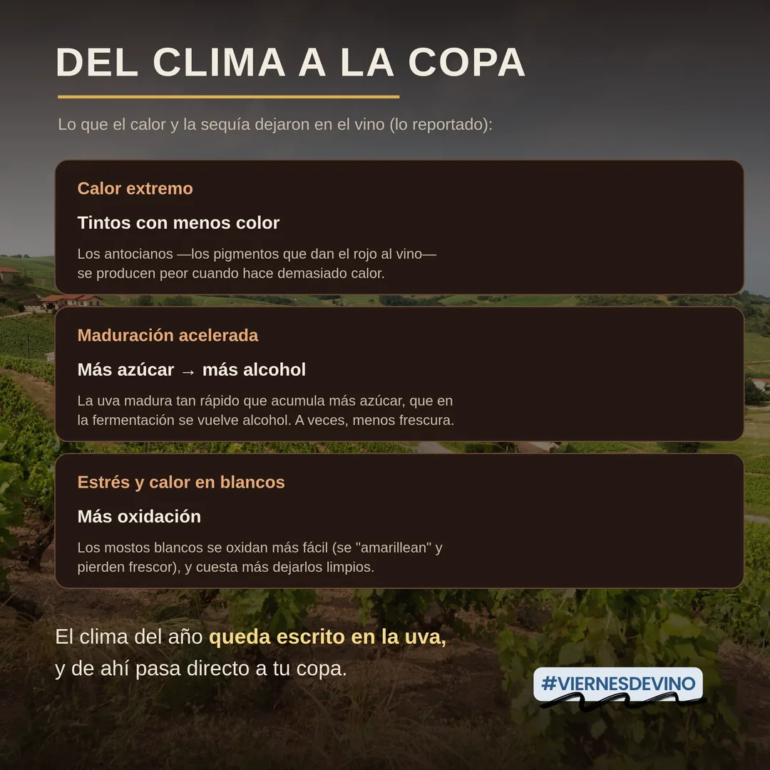 Del clima a la copa: lo que el calor y la sequía dejaron en el vino, según lo reportado. Calor extremo: tintos con menos color, porque los antocianos, los pigmentos que dan el rojo al vino, se producen peor cuando hace demasiado calor. Maduración acelerada: más azúcar y por lo tanto más alcohol, porque la uva madura más rápido y acumula más azúcar, que en la fermentación se vuelve alcohol; a veces, menos frescura. Estrés y calor en blancos: más oxidación, los mostos blancos se oxidan más fácil, se amarillean y pierden frescor.