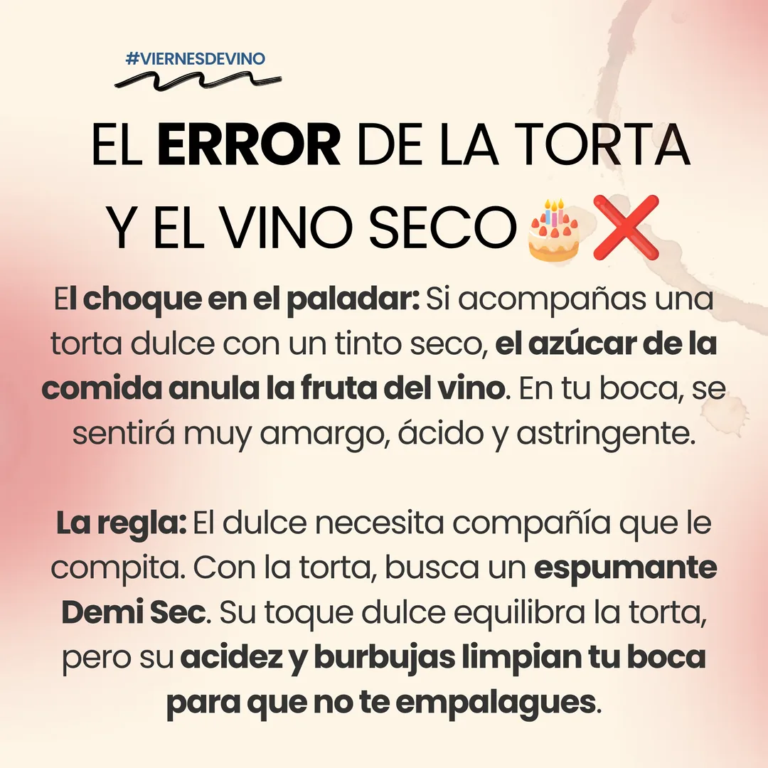 El error de la torta y el vino seco. El choque en el paladar: si acompañas una torta dulce con un tinto seco, el azúcar de la comida anula la fruta del vino y en tu boca se sentirá muy amargo, ácido y astringente. La regla: el dulce necesita compañía que le compita. Con la torta, busca un espumante Demi Sec: su toque dulce equilibra la torta, pero su acidez y burbujas limpian tu boca para que no te empalagues.
